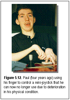 Figure 5.12. Paul (four years ago) using his finger to control a mini-joystick that he can now no longer use due to deterioration in his physical condition.