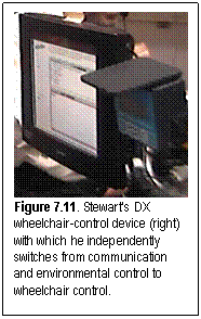 Figure 7.11. Stewart's DX wheelchair-control device (right) with which he independently switches from communication and environmental control to wheelchair control.